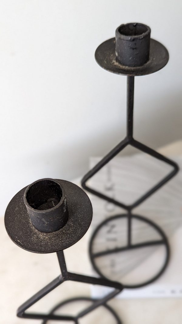 Vintage Tall Black Wrought Iron Candlestick Holders - Image 2