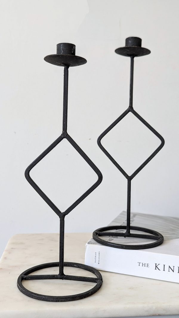 Vintage Tall Black Wrought Iron Candlestick Holders - Image 3