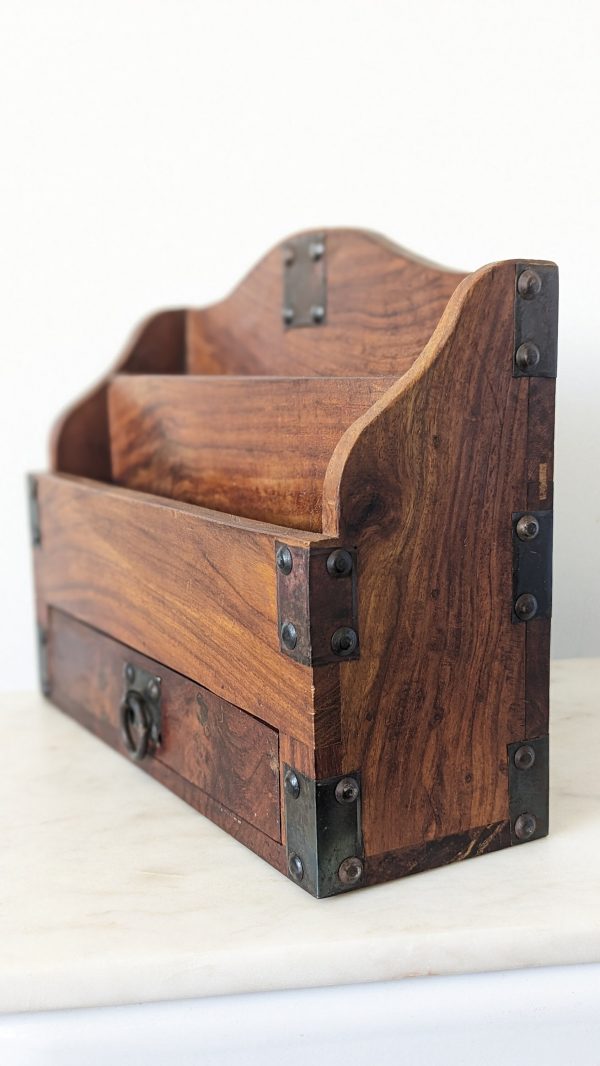 Vintage Rustic Wooden and Metal Desk Letter Tidy - Image 5