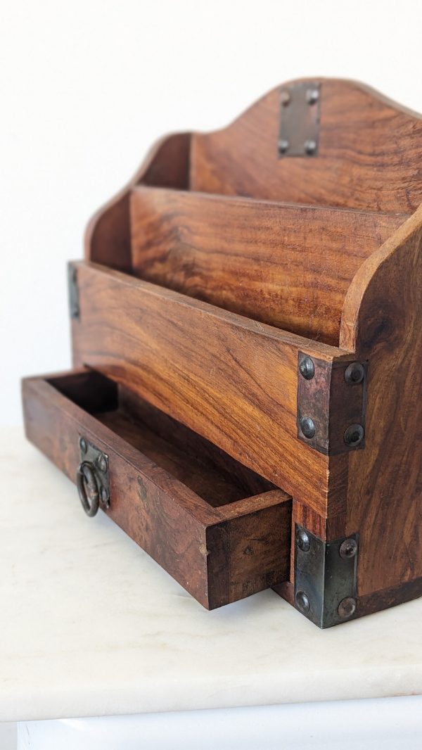 Vintage Rustic Wooden and Metal Desk Letter Tidy - Image 6