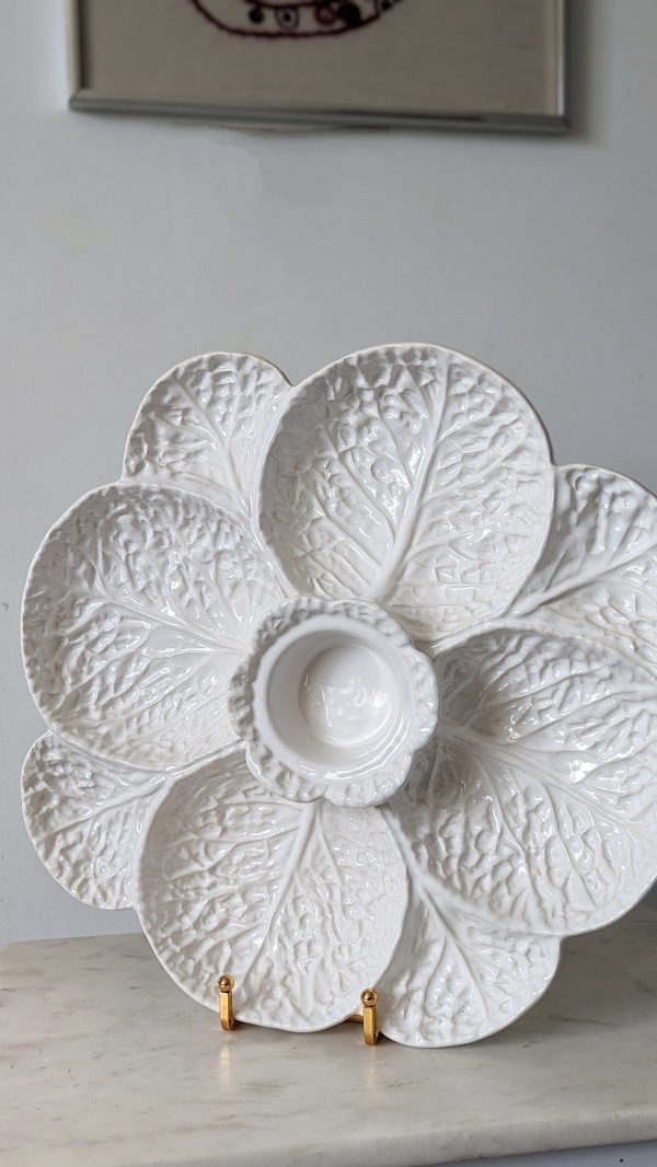 Vintage White Ceramic Cabbage Leaf  8 Sections Serving Platter
