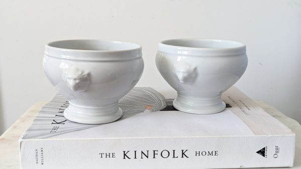 Vintage French White Porcelain Footed Soup Bowls with Lions Head Handles - Image 3