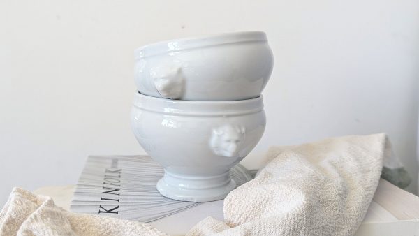 Vintage French White Porcelain Footed Soup Bowls with Lions Head Handles - Image 5
