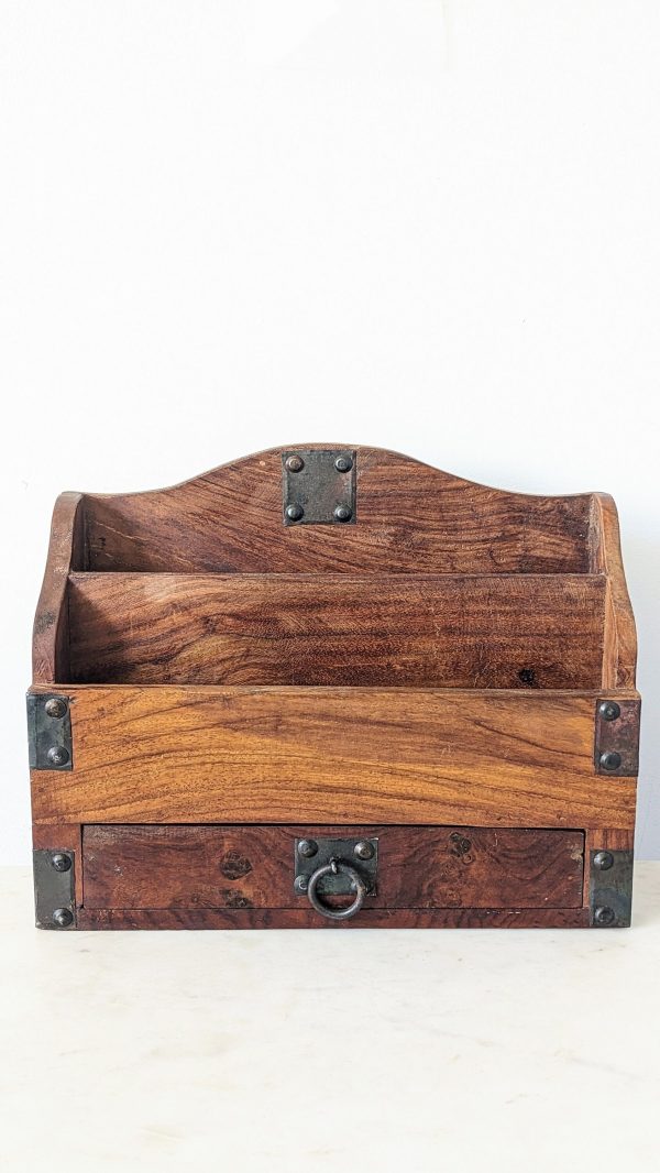 Vintage Rustic Wooden and Metal Desk Letter Tidy - Image 2