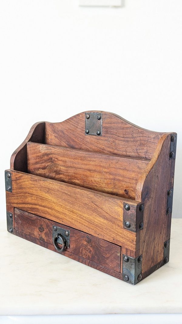 Vintage Rustic Wooden and Metal Desk Letter Tidy - Image 3