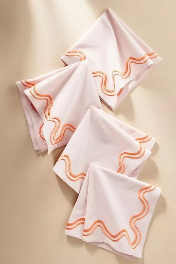 ‎Anthropologie‎ Madeline Embroidered  Pink Cotton Napkins, Set Of 4