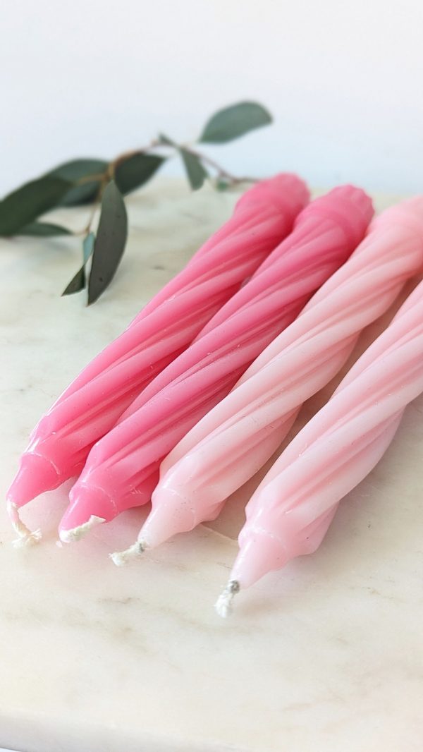 Long Thick Twist Pink Tapered Wax Candles, Set of 4