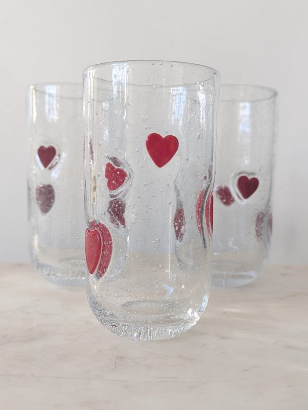 Anthropology Tall High Ball Red Heart Bubble Glasses, Set of 3