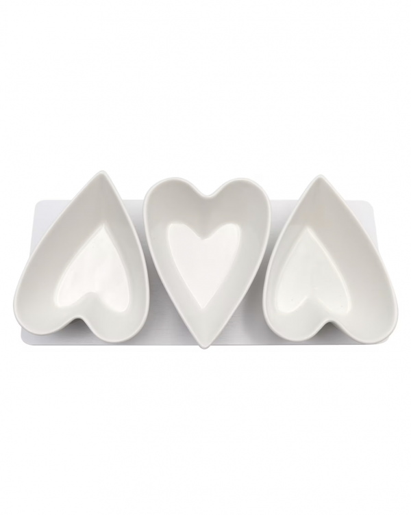 Brandani Porcelain Set of 3 Heart Appetizer Bowls and Bamboo Tray