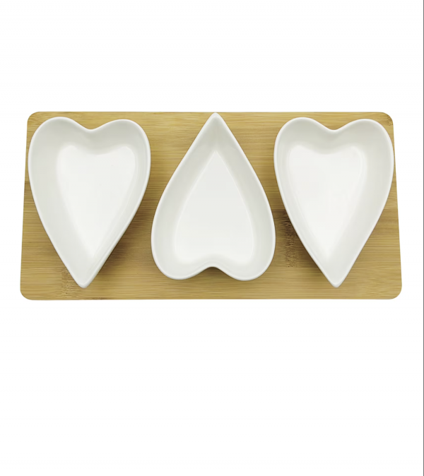 Brandani Porcelain Set of 3 Heart Appetizer Bowls and Bamboo Tray - Image 2