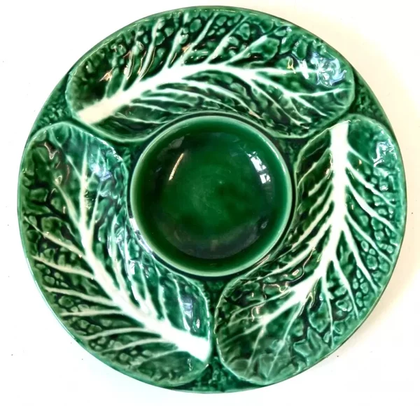 Vintage Secla Portugal Majolica Green Cabbage Leaf Dip Dish
