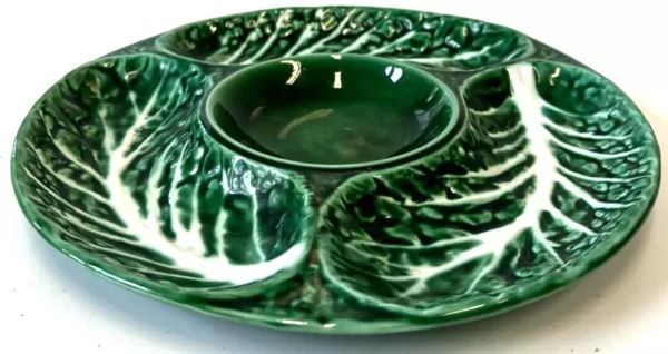 Vintage Secla Portugal Majolica Green Cabbage Leaf Dip Dish - Image 2