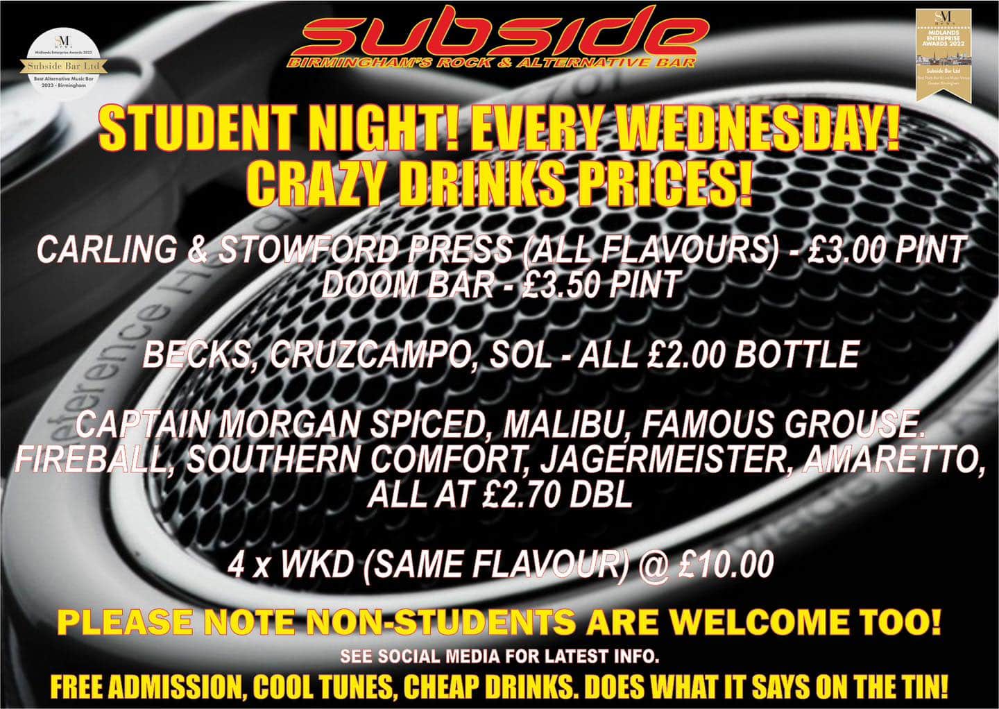 Subside Bar Birmingham Student Night poster featuring drink deals on pints, bottles, and spirits, with a microphone background.