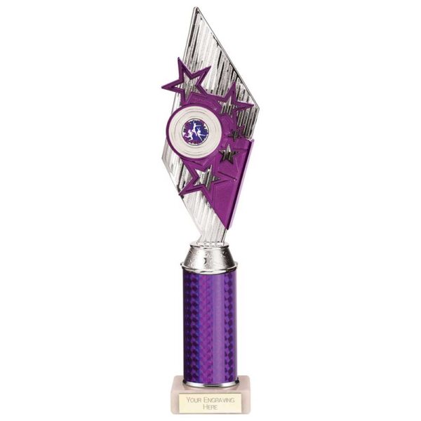 Pizzazz Plastic Tube Trophy Silver & Purple 375mm