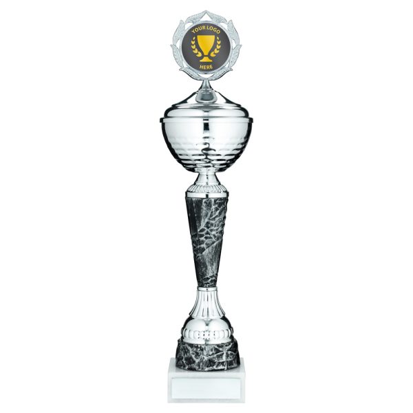 SILV/PEWTER TROPHY CUP WITH LID WITH PLATE (2in CENTRE) - 19.5in