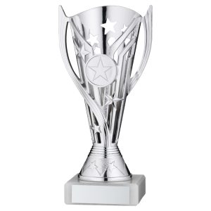 SILVER/BLUE PLASTIC 'FLASH' CUP ASSEMBLED ON MARBLE (1in CEN) - 7in