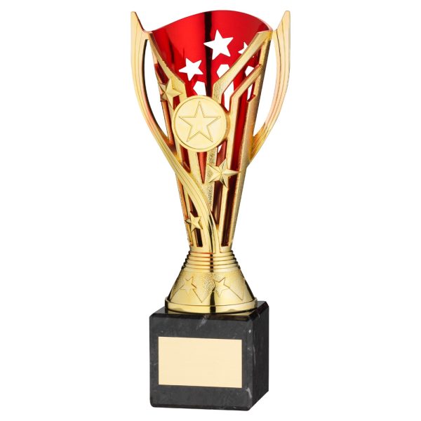GOLD/RED PLASTIC 'FLASH' CUP ON BLACK MARBLE ASSEMBLED TROPHY (1" CEN) - 7.25in