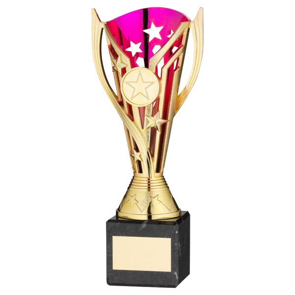 GOLD/PURPLE PLASTIC 'FLASH' CUP ON BLK MARBLE ASSEMBLED TROPHY (1" CEN) - 10in
