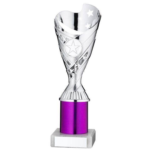 SILVER/PURPLE PLASTIC 'SABRE' CUP ASSEMBLED ON MARBLE (1in CEN) - 8in