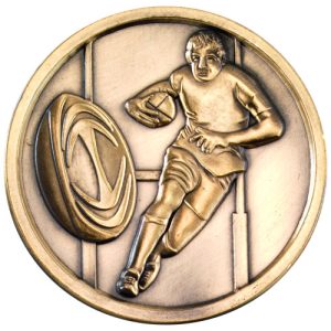 RUGBY MEDALLION ANTIQUE GOLD - 2.75in