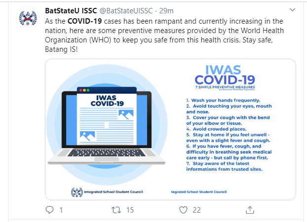 BatStateU Integrated School student councils’ twitter sensitization on 7 preventive measures against COVID19