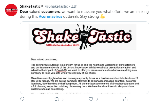 ShakeTastic’s notice to customers on the efforts they are making to contain the corona virus outbreak