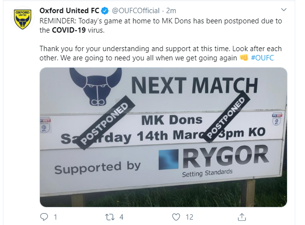 Oxford United FC postpones matches for COVID-19 health concerns