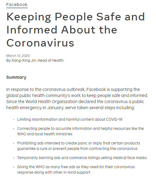 Comment from Facebook health department on measures Facebook is taking to fight the COVID 19 virus.  