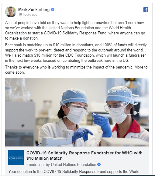 Mark Zukerberg on solidarity response fundraiser for WHO  to fight the COVID 19 virus.  