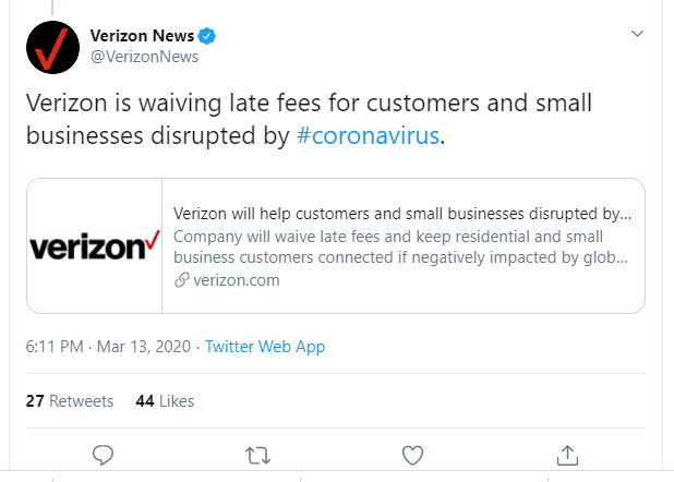 Verizon waives late fee for customers and small businesses disrupted by COVID 19