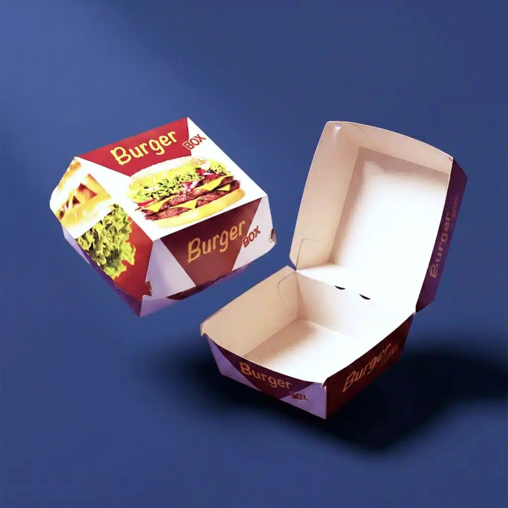 Takeaway burger packaging design featuring a red and white cardboard box with burger illustrations.