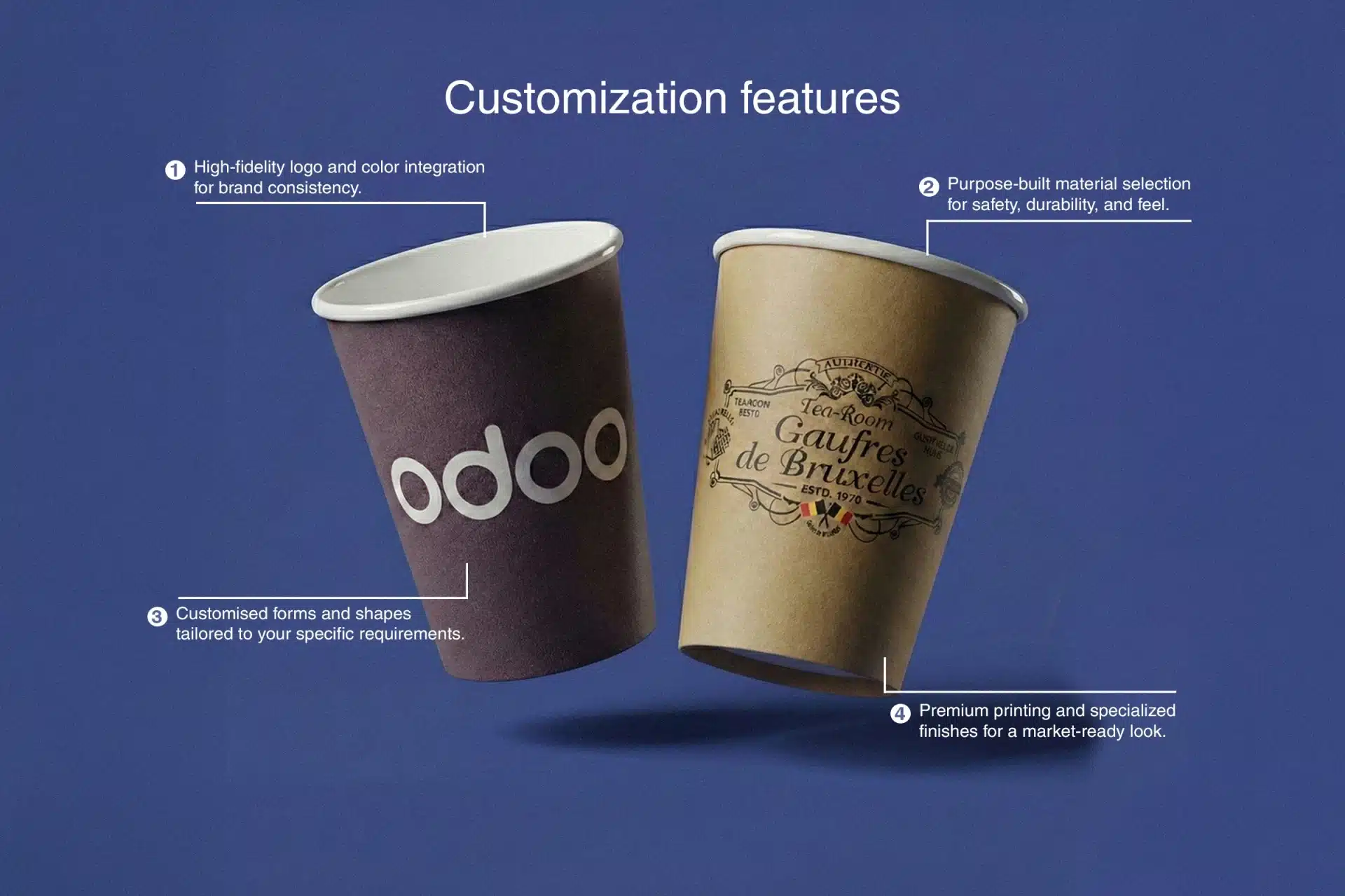 Infographic showing customization features for paper cups against a blue background. It displays two branded cups—one purple with the 'odoo' logo and one kraft-paper style with a 'Gaufres de Bruxelles' logo. The image highlights four key benefits: high-fidelity logo and color integration, purpose-built material selection for safety and feel, customized forms and shapes, and premium printing with specialized finishes.