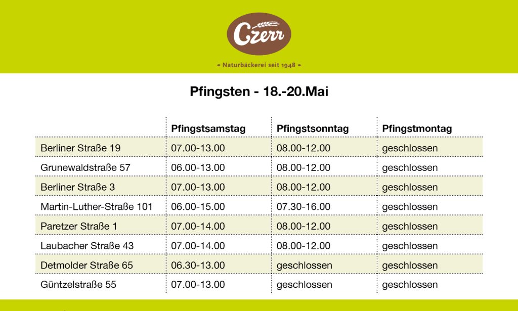 Czerr Öffnungszeiten Pfingsten