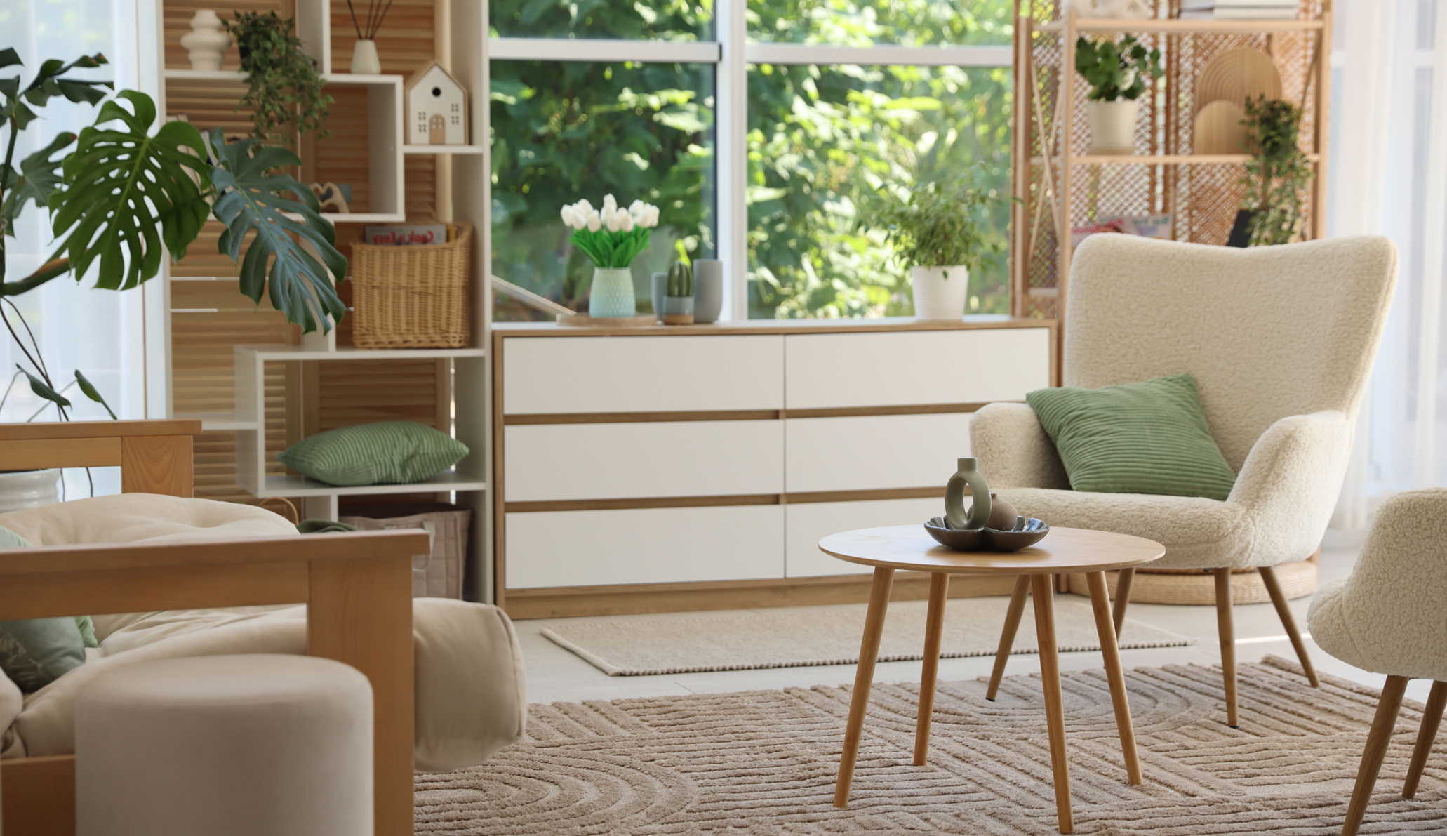 Tør luft i huset illustreret ved moderne stue med sofa, tæppe og behageligt indeklima