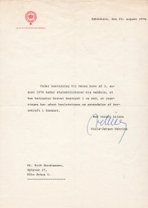 Final letter of 23. august 1976 to me from the Danish Prime Minister Anker as answer to my letter of 3. august 1976.Jørgensen