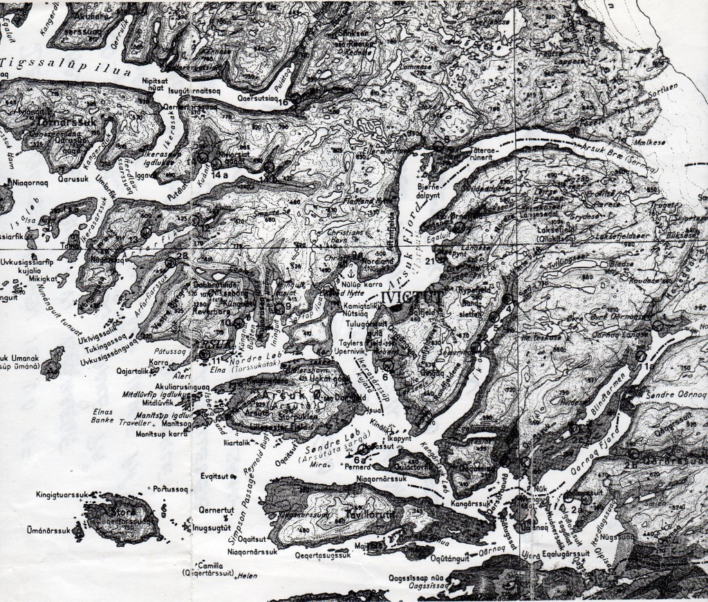 Kort over Arsukfjorden og den nærmeste omgivelser: Kangilinnguit/Grønnedal, Ivigtut, Arsuk, Arsuk Ø med Sydløbet, Ika-fjorden og Qornoq Fjord.