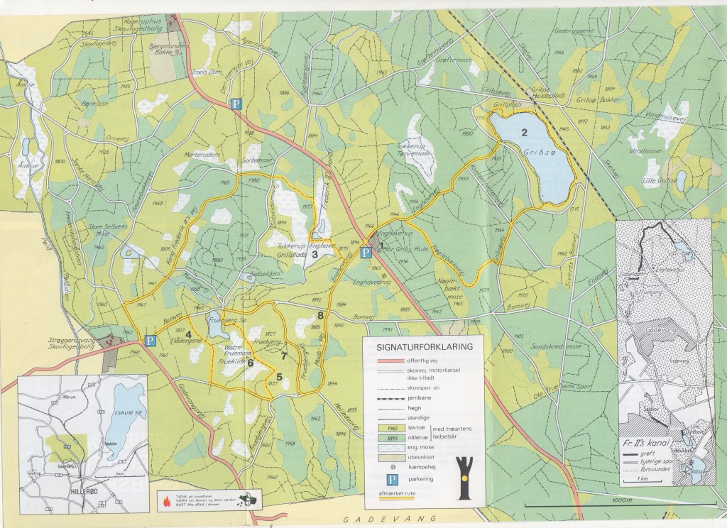 Kort over syd-vestlig del af Gribskov med Store Gribsø og Fruebjerg. Scannet fra folder: "Vandreture i statsskovene Gribsø-Fruebjerg, Gribskov" udgiver af Skov- og Naturstyrelsen i 1989. Tak til Naturetyrelsen for brug af dette kort.