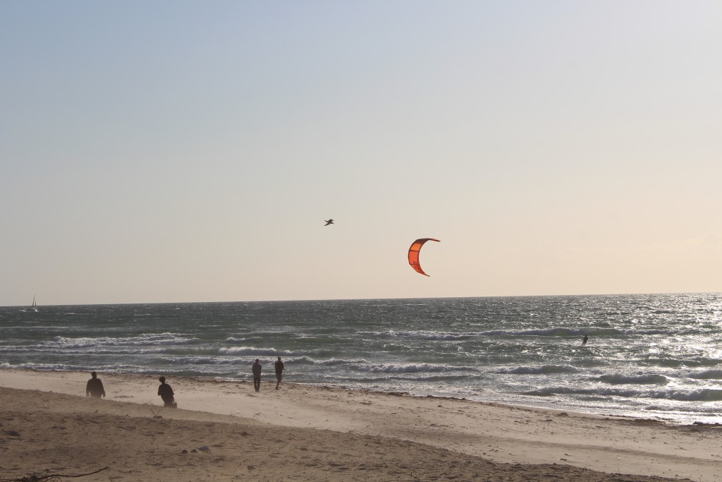 Tisvldeleje Strand. Kire-surfer på toppen af Kattegats bølger. Foto i retning nord den 18. juli kl. ca. 19 af Erik K Abrahasme