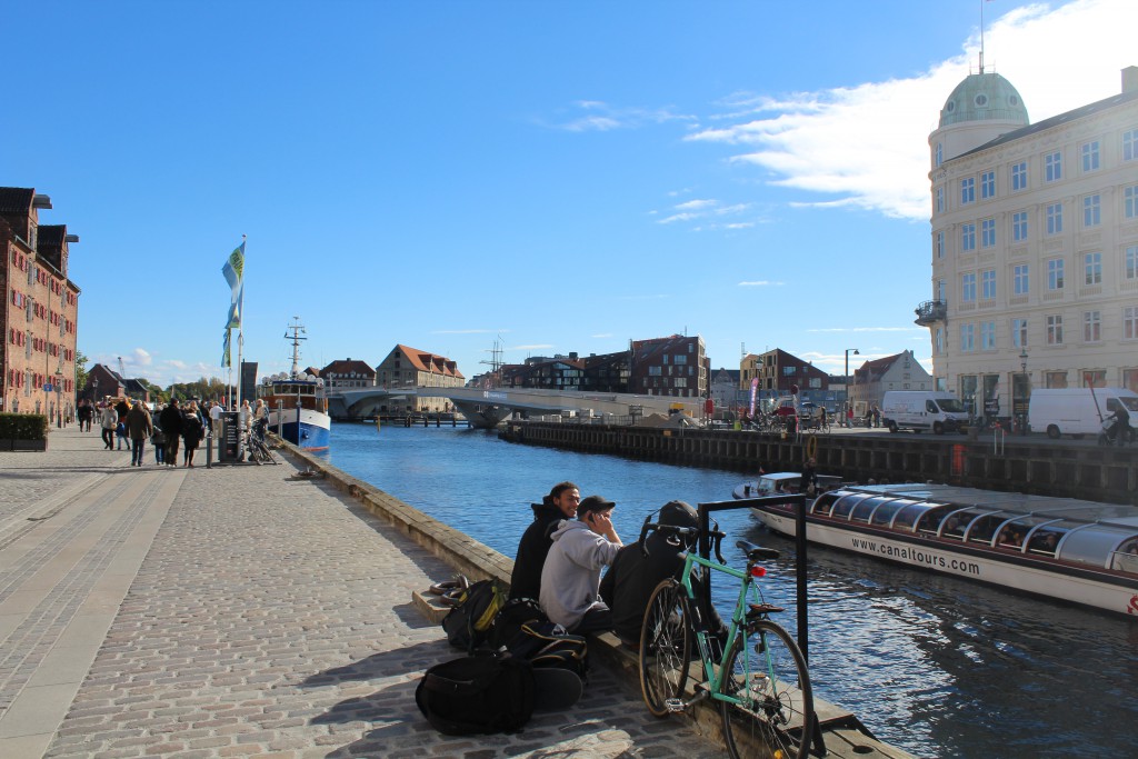 View to new walk-and bike bridge passing Copenhagen Inner Harbour from Nyhavn to C