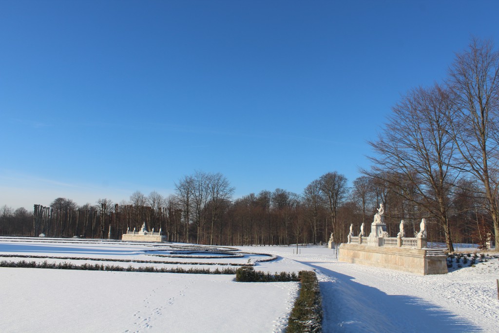 Fredensborg Castle baroque Garden. In front right on phot is Norway monument and left is Denmark Monument celebrating the union since 1380 between Denark and Norway.