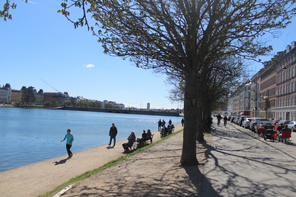 Sortedam lake in Copenhagen. One out of 5 lakes surrounding old city of Copenhagen. View in direction wet to Qiun Louise bridge passing from Nørrebro Quarter at right to Copenhagen Inner City at left. Photo by Erik K Brahamsen