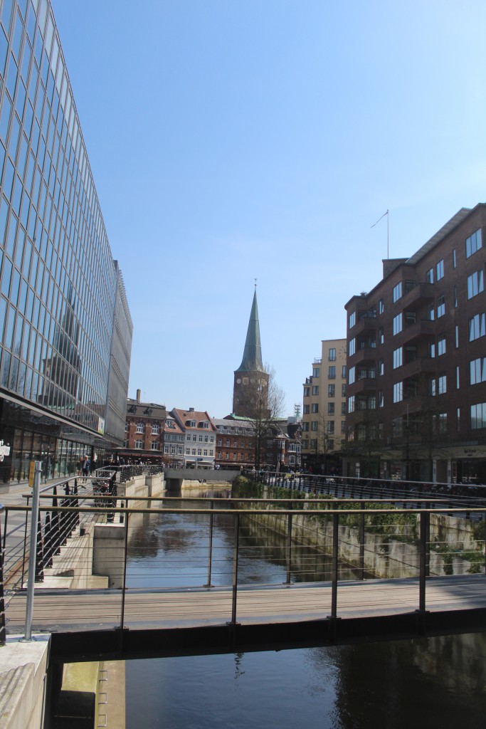 Aarhus River. View in direction east to "Vadestedet" and 93 m high tower of Aarhus Cath