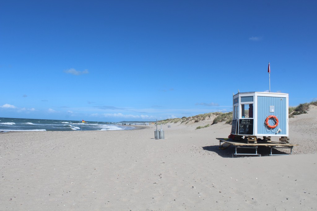 Liseleje Beach with 2 life rescue stations. Photo in direction east to Tisvilde Hegn and Tisvildleje Beach in horizon. Phoot 9. august 2016 by Erik K Abrahamnsen