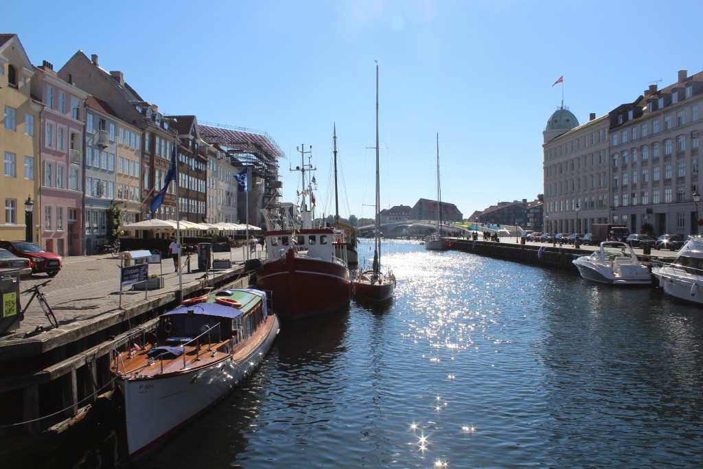 Nyhavn. View in direction south to bike-, run and walk bridge "Inderhavnsbroen" in Copenhagen Inner Harbour