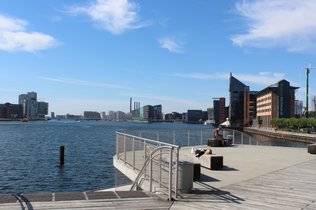 View from "Kalvebod Wave" to bike-walk and run bridge Q"Bryggebroen" passing Copenhagen Inner harbour between