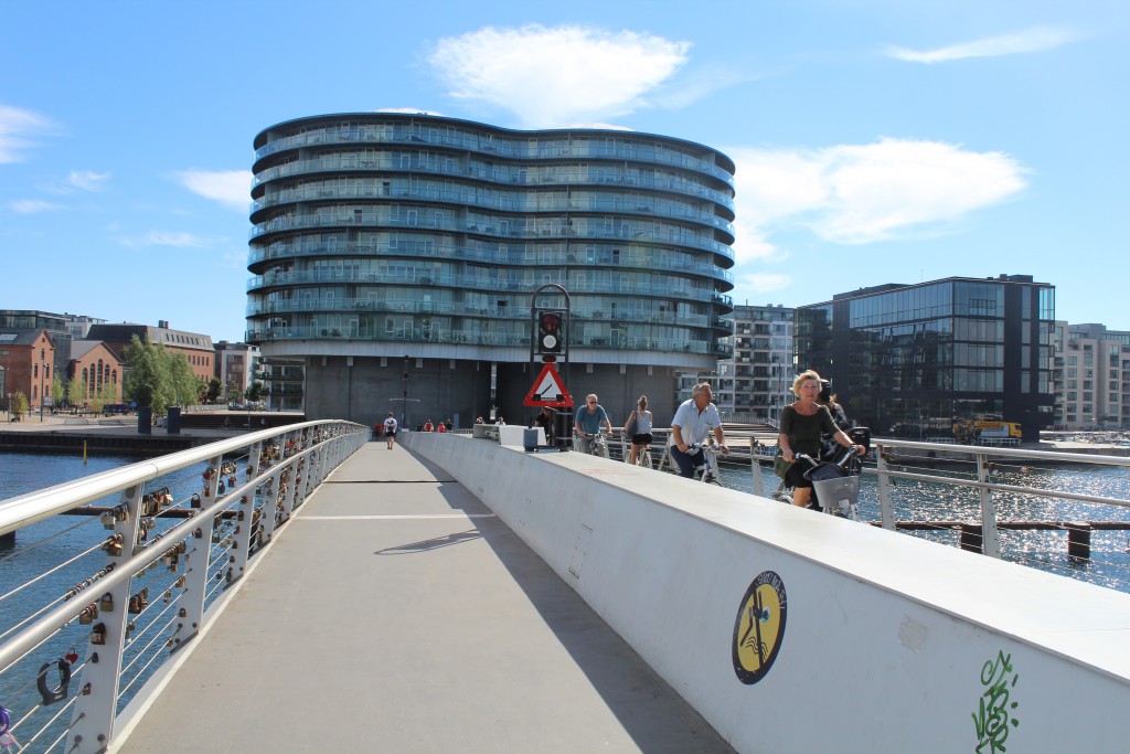 On top of bike-, walk and run bridge "Bryggebroen" passing Copenhagen Inner Harbour from Havneholmen 