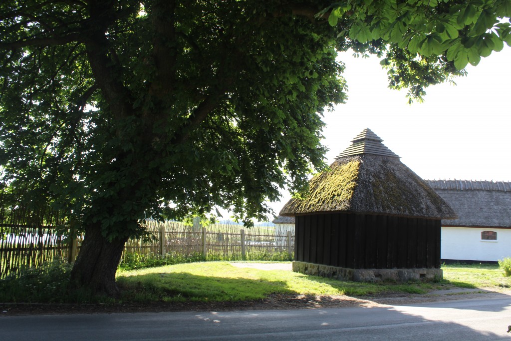 Hjortekær - hytte bygget af lodrette træ spanter. Udsigt mod kvist-hegm til Jægersborg Dyrehave. 