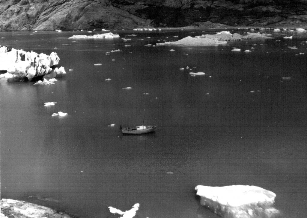 I land ved Arsuk Isbræ. Udsigt til vor turbåd. Foto 1961