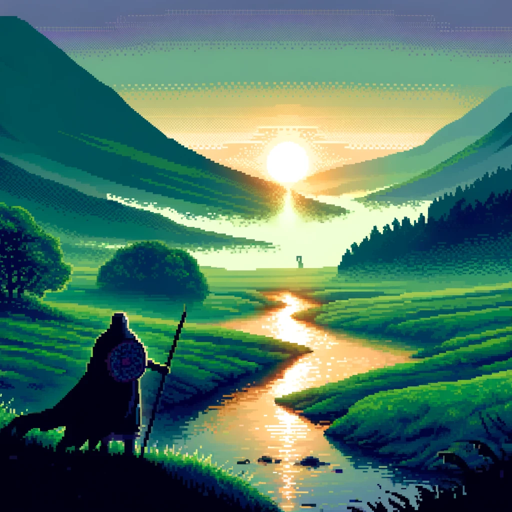 Pixel art of a landscape sunrise