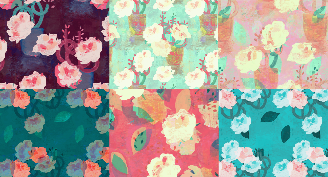 by the window pattern – botanical textildesign med målade blommor i blå och gröna nyanser, mönsterillustratör Dani Milli
